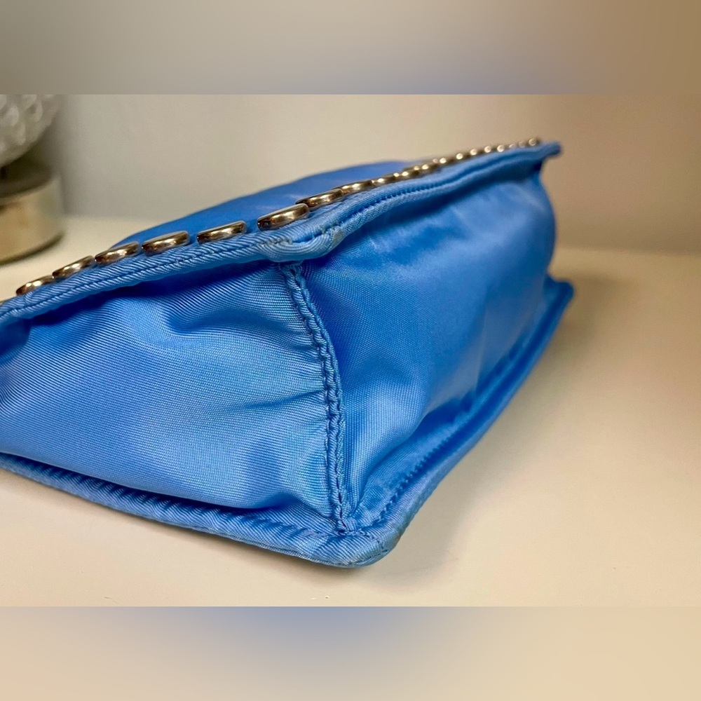 Prada - Tessuto Etiquette Nylon Accessories Pouch | Blue - Silver Studded - Picture 11 of 16